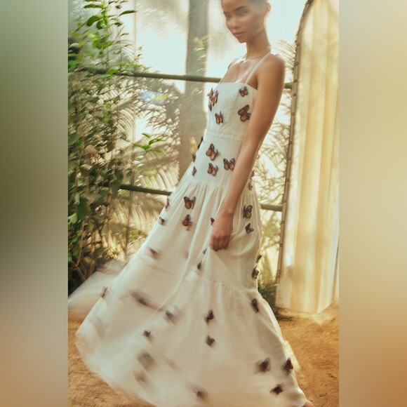 Agua By Agua Bendita Lima Embroidered Butterfly Linen Maxi Dress S - Picture 4 of 16